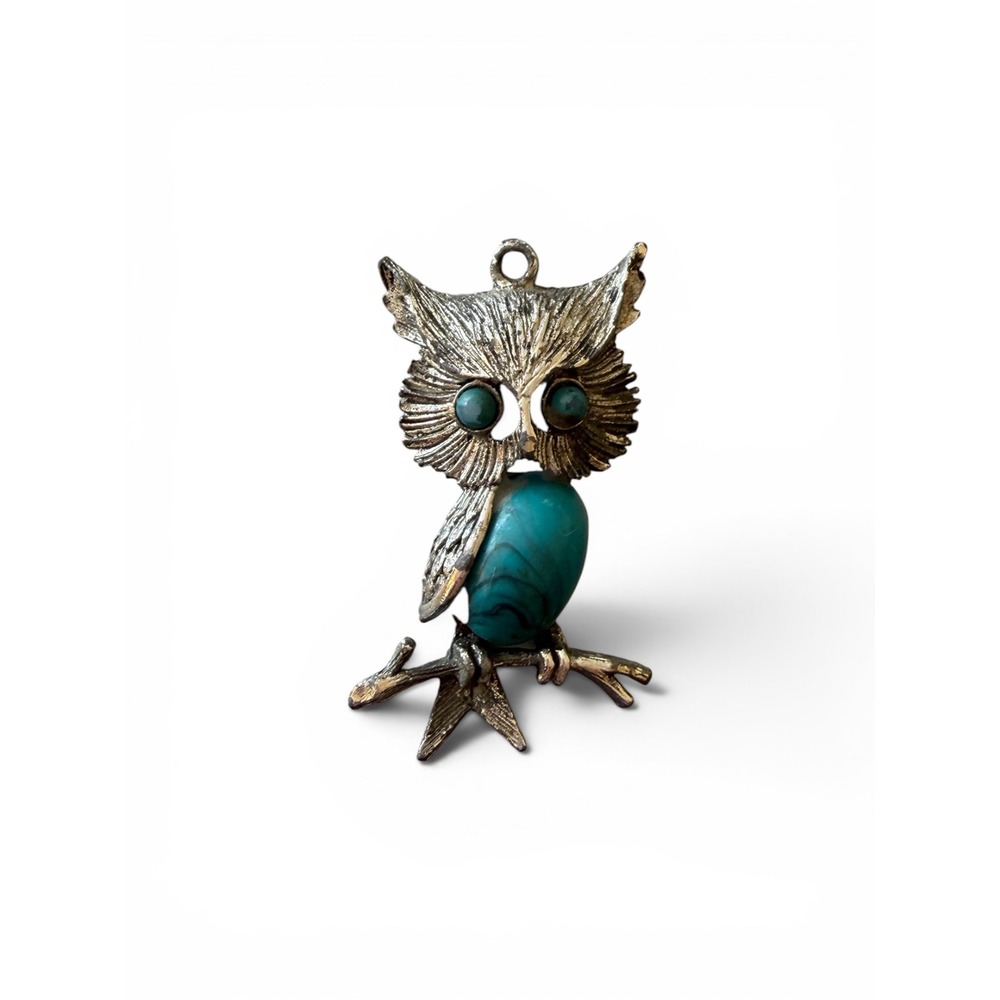 Vintage Gold Tone Owl Pendant Turquoise Cabochon Eyes Body Forest Bird Jewelry